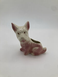 Vintage Ceramic Dog Planter – Pink & White Scottie Terrier Mid-Century